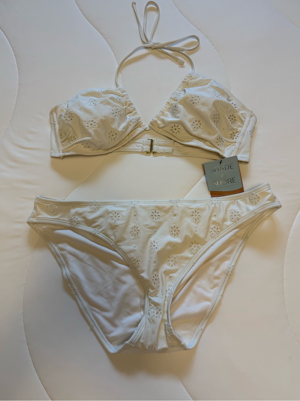 Shade & Shore Cream Eyelet Halter Bikini Set